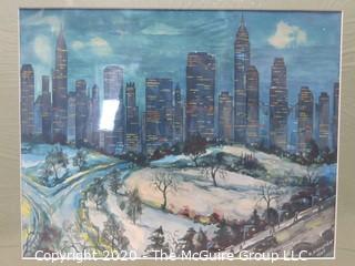 Watercolor, City Skyline in Snow by K. Alexander 1947.  Measures approximately 14" by 17".