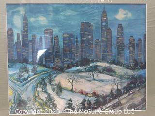 Watercolor, City Skyline in Snow by K. Alexander 1947.  Measures approximately 14" by 17".