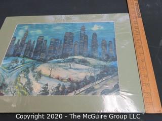 Watercolor, City Skyline in Snow by K. Alexander 1947.  Measures approximately 14" by 17".