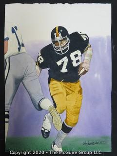 Watercolor of The Steelers, Dwight White, Football Player by G.T.Johnson II, 2002. Measures approximately 11" by 15".