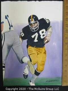 Watercolor of The Steelers, Dwight White, Football Player by G.T.Johnson II, 2002. Measures approximately 11" by 15".