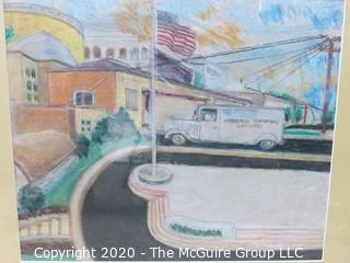 Original Unsigned Artwork of Street Scene, Matted in Wrap. Measures approximately 18" x 20" with mat.