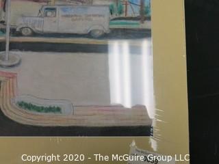 Original Unsigned Artwork of Street Scene, Matted in Wrap. Measures approximately 18" x 20" with mat.