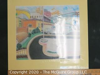 Original Unsigned Artwork of Street Scene, Matted in Wrap. Measures approximately 18" x 20" with mat.