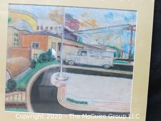 Original Unsigned Artwork of Street Scene, Matted in Wrap. Measures approximately 18" x 20" with mat.