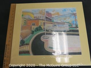 Original Unsigned Artwork of Street Scene, Matted in Wrap. Measures approximately 18" x 20" with mat.