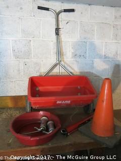 Fertilizer Spreader, Highway Cone; oil pan and oilers; manual bicycle pump 