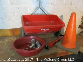 Fertilizer Spreader, Highway Cone; oil pan and oilers; manual bicycle pump 