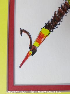 Ink and Watercolor on Paper. Long Pole or Spear with Hook,  Measures approximately 16" by 12" with Mat. 