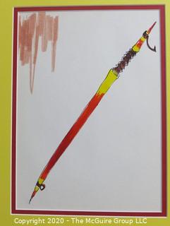 Ink and Watercolor on Paper. Long Pole or Spear with Hook,  Measures approximately 16" by 12" with Mat. 