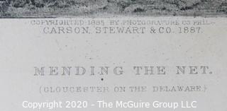 1887 Black & White Lithograph of "Mending the Net".  Based on Original by Thomas Eakins. 
 Measures approximately 16" X 12" . Loose with some discoloration to edges. 