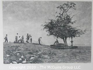 1887 Black & White Lithograph of "Mending the Net".  Based on Original by Thomas Eakins. 
 Measures approximately 16" X 12" . Loose with some discoloration to edges. 