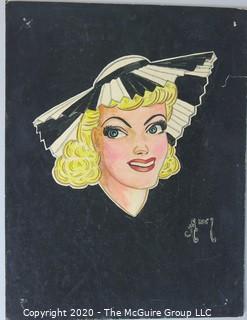 Watercolor on Photo Board of Woman in Hat by Axel.  Measures approximately 14" x 11". Some Damage to Edges and Pin Holes. 