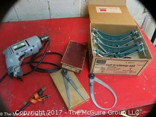 Assortment of tools including Skil electric drill, Craftsman Cut-n-clamp set; and Starrett inside and outside calipers in original box