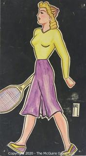 Pen on Black Card Stock. Girl with Tennis Raquet by Axel, 1930 Chicago. Measures approximately  13 1/2" x 8".