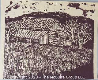 Wood Block Print on paper of Log house. Measures approximately 11 1/2" x 9 1/2". Loose.