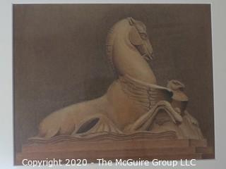 Original Artwork of Architectural Element, Stallion and Eagle on Pedestal by Juia Neff. Measures approximately 11" x 14" with Mat.