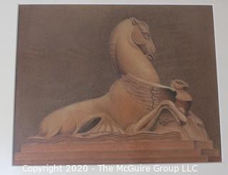 Original Artwork of Architectural Element, Stallion and Eagle on Pedestal by Juia Neff. Measures approximately 11" x 14" with Mat.