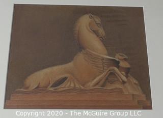 Original Artwork of Architectural Element, Stallion and Eagle on Pedestal by Juia Neff. Measures approximately 11" x 14" with Mat.