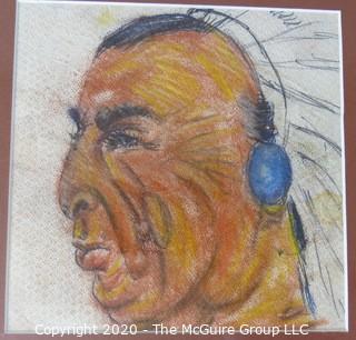 Pastel on Paper of Native American Chief in Headdress unsigned. Measures approximately 12" x 16" with mat.