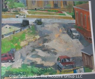 Oil on Canvas with Mat of Urban Street with Cars.  Unsigned.  Measures approximately 24" X 21" with mat. 