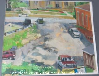 Oil on Canvas with Mat of Urban Street with Cars.  Unsigned.  Measures approximately 24" X 21" with mat. 