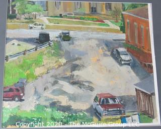 Oil on Canvas with Mat of Urban Street with Cars.  Unsigned.  Measures approximately 24" X 21" with mat. 