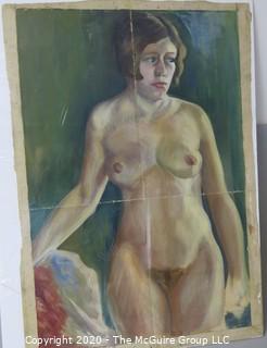 Oil on Canvas of Female Nude, Unsigned. Measures approximately 22" x 30". Has been Folded with Paint Loss at the Crease.