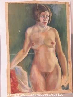 Oil on Canvas of Female Nude, Unsigned. Measures approximately 22" x 30". Has been Folded with Paint Loss at the Crease.