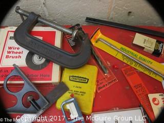 Assorted tools including amp reader, NIB drill bits, C clamps, polishing and buffing set, ball peen hammer , etc. 