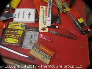 Assorted tools including amp reader, NIB drill bits, C clamps, polishing and buffing set, ball peen hammer , etc. 