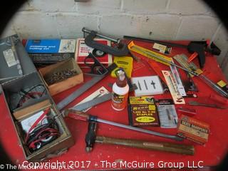 Assorted tools including amp reader, NIB drill bits, C clamps, polishing and buffing set, ball peen hammer , etc. 