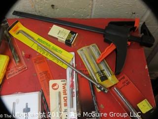 Assorted tools including amp reader, NIB drill bits, C clamps, polishing and buffing set, ball peen hammer , etc. 