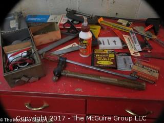 Assorted tools including amp reader, NIB drill bits, C clamps, polishing and buffing set, ball peen hammer , etc. 