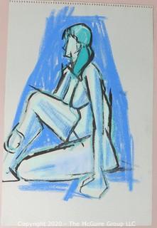 Pastel on Paper of Female Nude Sitting in Blue. Unsigned.  Measures approximately 12" X 17 1/2".  Loose page removed from spiral artist pad. 