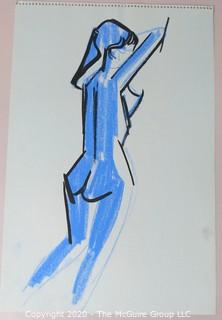 Pastel on Paper of Female Nude Standing in Blue. Unsigned.  Measures approximately 12" X 17 1/2".  Loose page removed from spiral artist pad. 