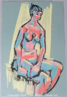 Pastel on Paper of Female Nude Sitting. Unsigned.  Measures approximately 12" X 17 1/2".  Loose page removed from spiral artist pad. 