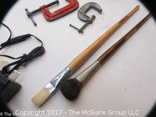 Tools including new and old pipe wrenches, Dremel type tool, C clamps, hole saws, planes, ....