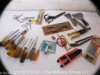 Tools including screwdrivers, wire strippers, tin snips, putty knives, alan wrenches, riveting tool, ...