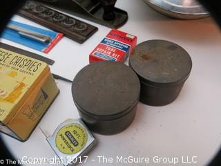 Collection of vintage tins and Craftsman plane  