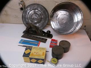 Collection of vintage tins and Craftsman plane  