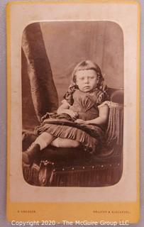 Cartes-de-Visite CDV Antique Cabinet Photo Card - Little Girl on Velvet Chair, Identified as Florie Dyson, Photographer E Gregson, Halifax & Blackpool.