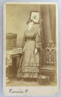 Cartes-de-Visite CDV Antique Cabinet Photo Card - Young Woman at Desk Identified as Fannie S, Photographer C Barnes, Mobile, Alabama. 