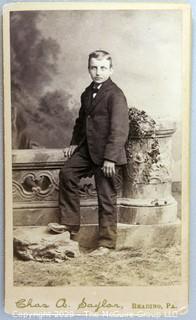 Cartes-de-Visite CDV Antique Cabinet Photo Card - Young Boy in Suit, Photographer Chas A. Baylor, Reading PA.