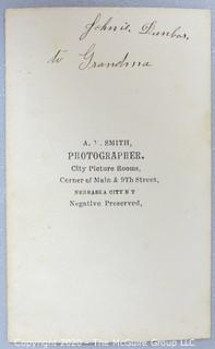 Cartes-de-Visite CDV Antique Cabinet Photo Card 
Child in Costume, Identified as Johnie Dunbar to Grandma
Photographer AV Smith, Nebraska City, NT.