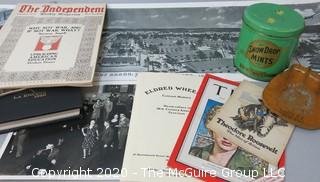 Miscellaneous Lot: Includes Magazines, photos, tin, bank pouch & college year book.