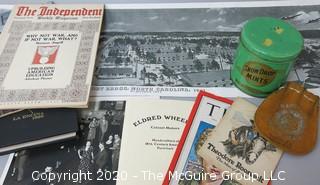 Miscellaneous Lot: Includes Magazines, photos, tin, bank pouch & college year book.