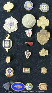 Group of pins; includes school, girl scouts, sports, masons & company service pins.