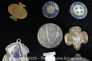 Group of pins; includes school, girl scouts, sports, masons & company service pins.