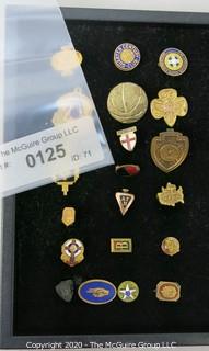 Group of pins; includes school, girl scouts, sports, masons & company service pins.